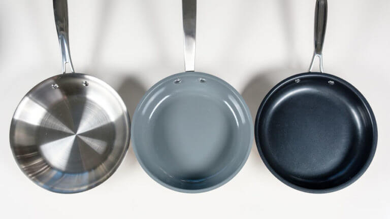 Review image showing several different options for cooking surfaces including stainless steel, ceramic, and nonstick